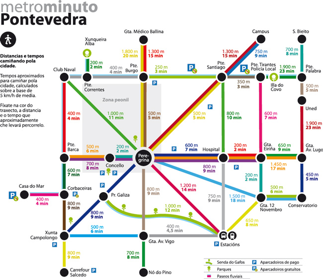 Un mapa que muestra el tiempo que tardas de ir de un lugar a otro de la ciudad