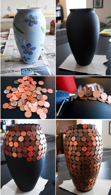 Cómo transformar y redecorar un viejo jarrón forrándolo de monedas 