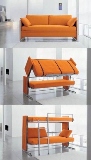 Sofa bunk bed unit convert with one simple movement into two everyday beds with wooden slatted base